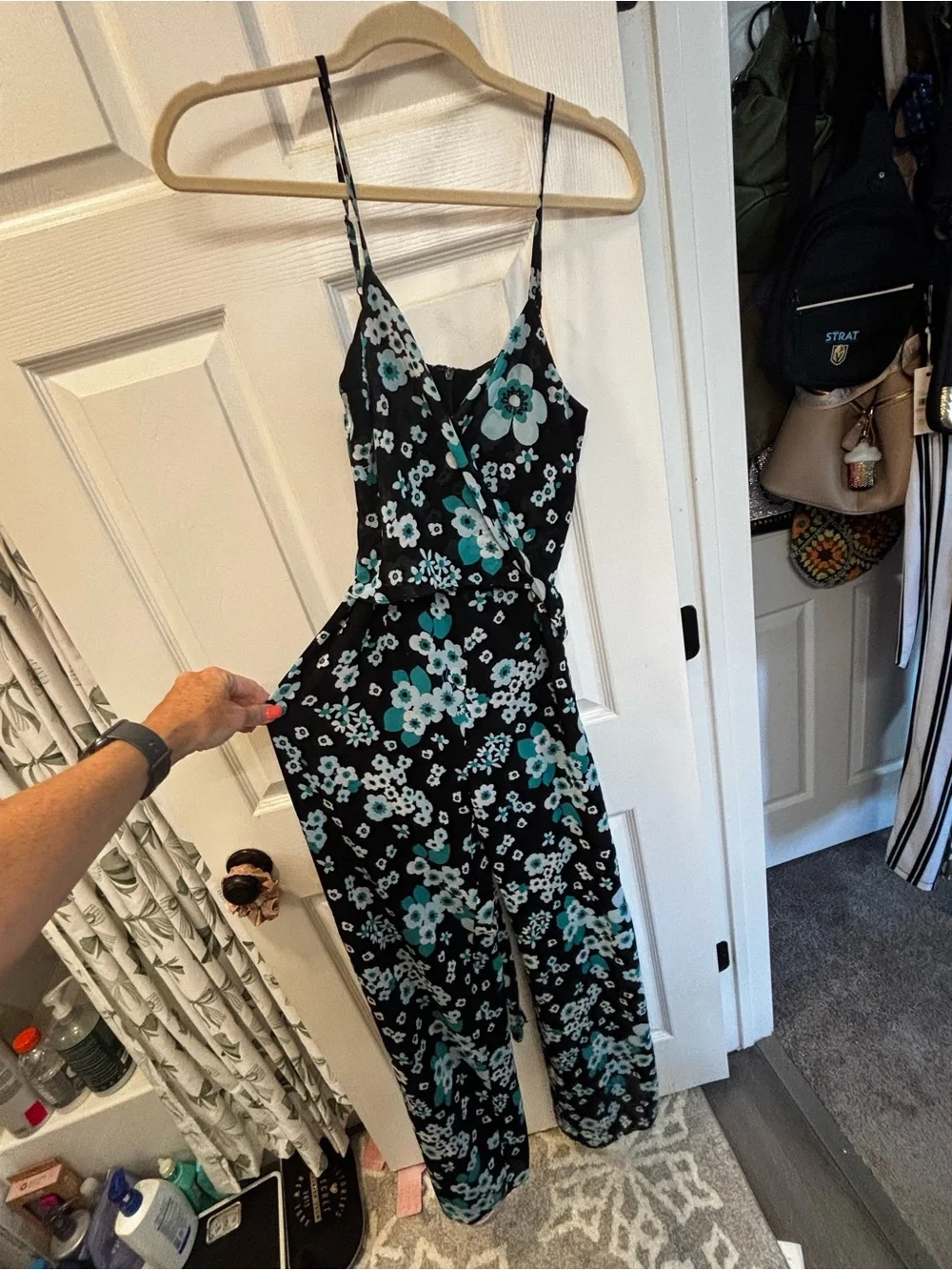 Michael Kors Black Floral V-Neck Wide-Leg Jumpsuit with Teal Accents